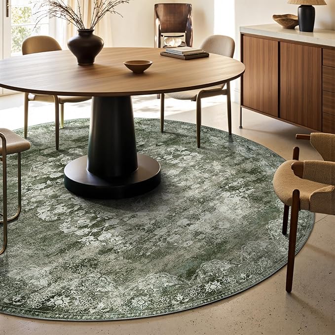 jinchan Round Rug 6ft Area Rug - Green Vintage Floor Mat Kitchen Indoor - Washable Circle 6' Thin Floral Print Carpet Retro Farmhouse Non Slip Dining Room Living Room Bedroom Office