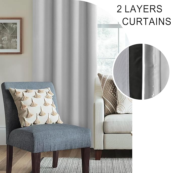XWZO Full Shading Blackout Curtains 45 Inches Length with Tiebacks- Heat and Light Blocking Rod Pocket Window Drapes with Black Liner Backing for Bedroom/Kid's Room, Light Grey, W52 x L45, Set of 2