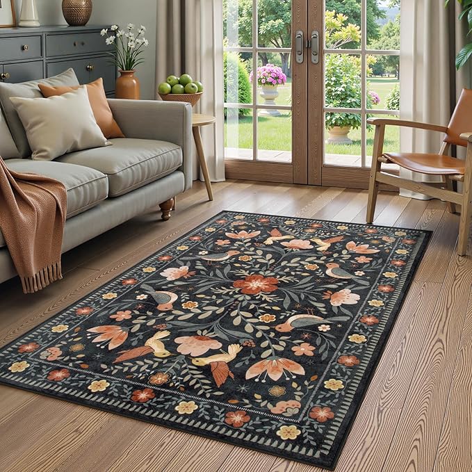 Moynesa Boho Bird 3x5 Rug, Ultra Thin Washable Kitchen Rugs Anti Skid Rubber Backing, Low Pile, Soft, Indoor Large Black Throw Carpet for Entryway Office Bedroom Bathroom Living Room