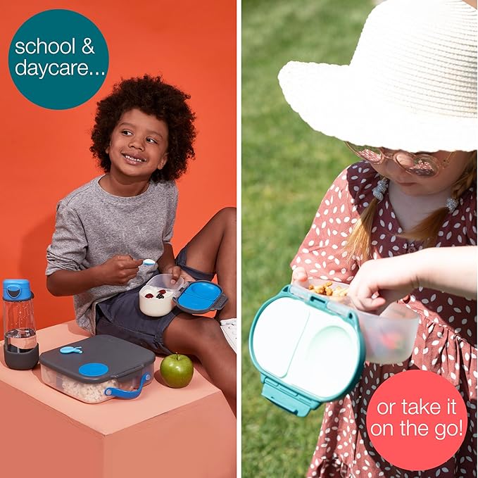 b.box Snack Box for Kids & Toddlers: 2 Compartment Snack Containers, Mini Bento Box, Lunch Box. Leak Proof, BPA free, Dishwasher safe. School Supplies. Ages 4 months+ (Blue Slate, 12oz capacity)
