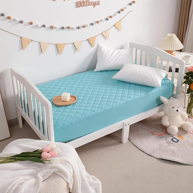 NTBAY 2 Pack Waterproof Crib Mattress Protector, Quilted 28"x52" Toddler Fitted Sheet - Machine Washable - Soft and Breathable Mattress Pad Cover for Crib, Nursery, Daycare, Cot, Aqua