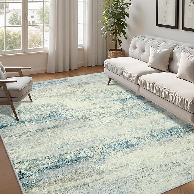 5x7 Area Rugs for Lliving Room Bedroom, Abstract Washable Rugs with Non-Slip Backing, Stain Resistant Thin Carpet for Dorm Dining Room Table Nursery Indoor Home Office-Blue/Gray