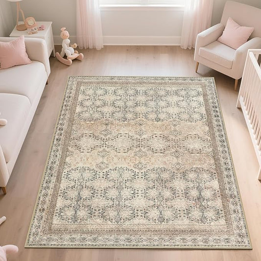 4x6 Area Rug for Bedroom Machine Washable, Non Slip Vintage Floral Kitchen Rugs for Dining Room, Rustic Indoor Floor Carpet for Nursery, Farmhouse, Office Classroom Beige/Pink/Orange