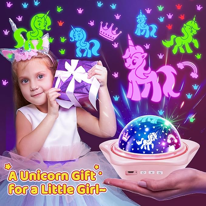 Onefire Girl Gifts, 6 Films Light Projector Unicorn Toys for Girls Age 4-6,Rechargeable Night Lights for Bedroom,360° Rotating Butterfly Lamp for Room Decor,Mermaid Princess Toddler Toys Toddler Gifts