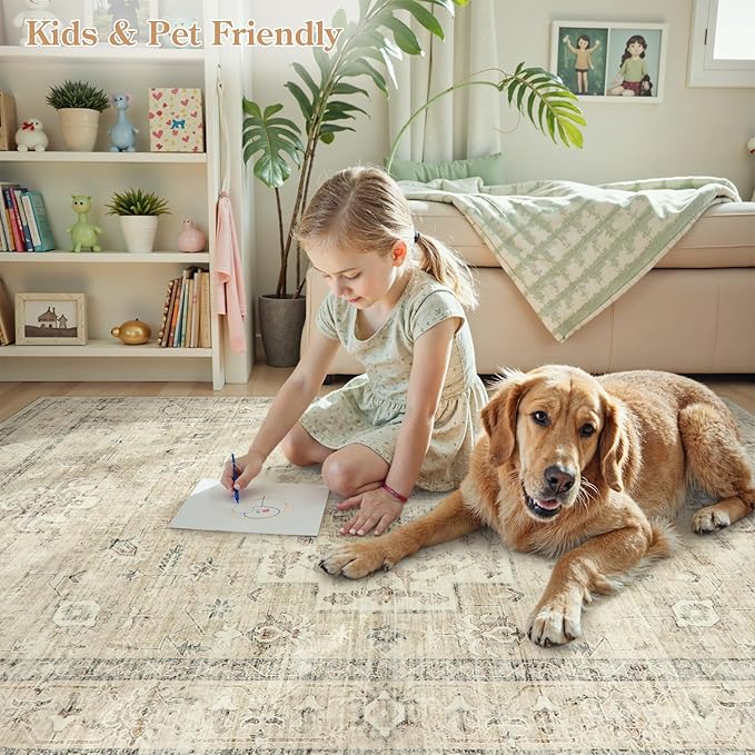 LIVEBOX Washable Area Rug 8x10 Rugs for Living Room Bedroom, Non-Slip Boho Neutral Carpet for Dining Room Office, Low-Pile Farmhouse Soft Carpets for Kids Nursery Room Playroom, Tan