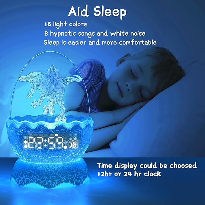 Spinosaurus Alarm Clock/Decorative Lamp/Night Light/Bluetooth Speaker/White Noise Lullaby Machine 4 in1, Remote Control 16 Colors Volume, Creative Gifts for Boys/Girls/Adult
