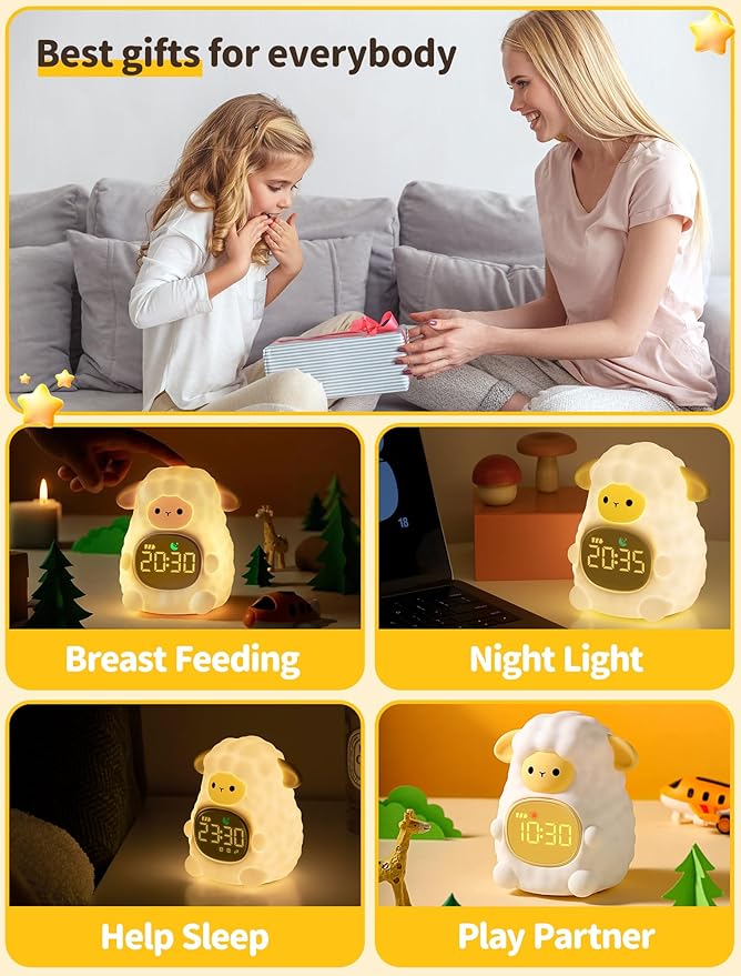 MASHI Sheep Alarm Clock, Toddler Sleep Training Clock with Sun & Moon, Sleep Sound Machine, Night Lights, Alarm Clock for Kids, Gift Ideas for Kids Child