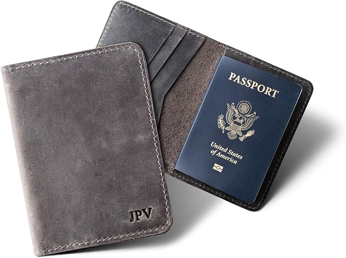 PEGAI Personalized Leather, Passport Holder For Travel | Handmade Passport Wallet Cover Case | Travel Document Holder, Passport Cover for Men, Women, and Family | Pike (Rock Grey)
