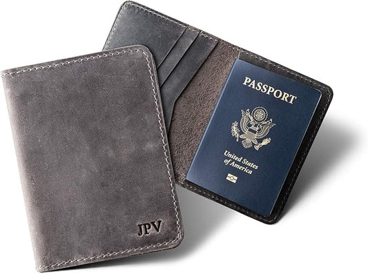 PEGAI Personalized Leather, Passport Holder For Travel | Handmade Passport Wallet Cover Case | Travel Document Holder, Passport Cover for Men, Women, and Family | Pike (Rock Grey)