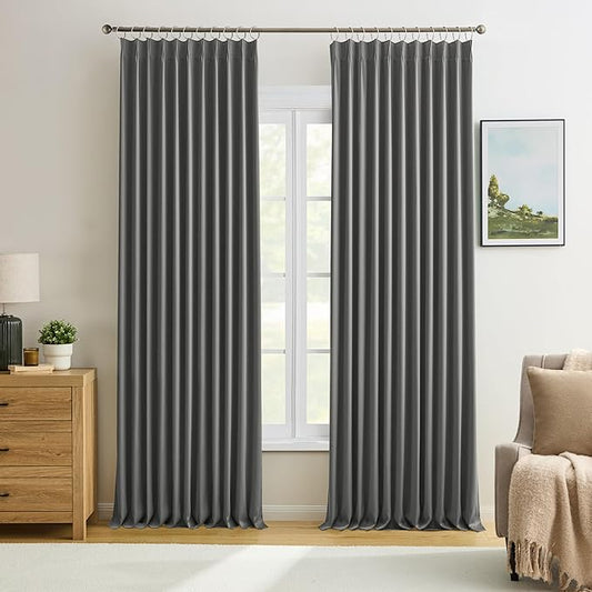 KEQIAOSUOCAI Blackout Pleated Curtains 95 Inches Long, Privacy Window Drapes for Living Room/Dining Room/Bedroom, 72 Wide x 95 Inch Long,Grey Color, Pinch Pleat with Hooks, 2 Panels