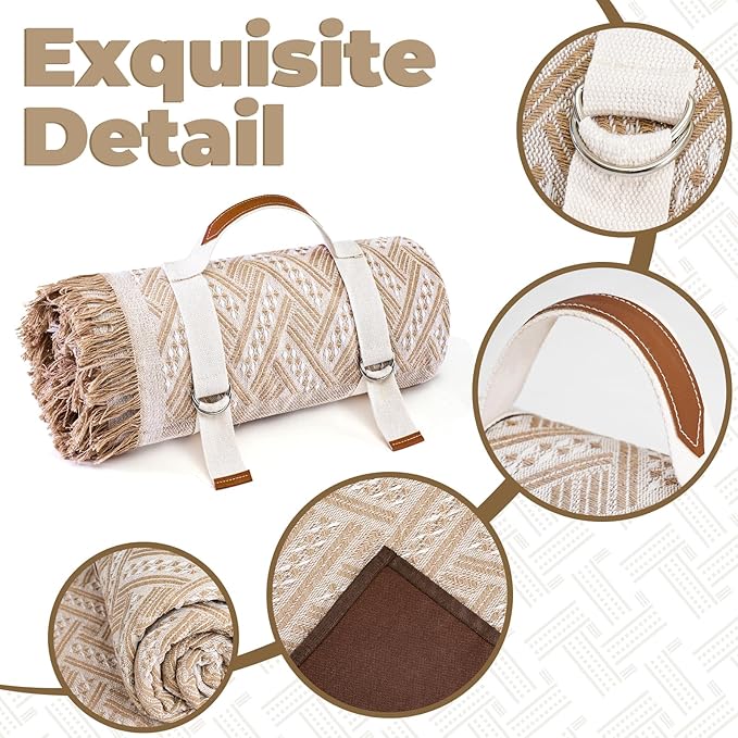 Genovega 2 in 1 Extra Large Outdoor Picnic Blanket Waterproof Woven Boho Mat Giant Beach Towel Travel Essential Yoga Accessories Park Patio Lawn Garden Grass Ground Music Festival Concert Must Have