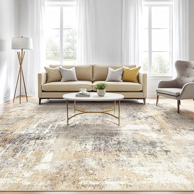 Area Rugs 9x12 Living Room: Washable Large Abstract Modern Soft Rugs Stain Resistant Indoor Floor Non Slip Accent Carpet for Bedroom Nursery Playroom Office Dining Room Dorm Home Decor- Gray Gold