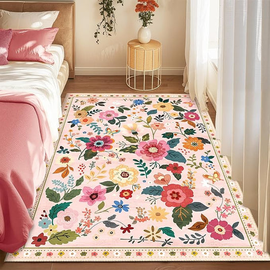 Floral 3x5 Area Rug Machine Washable Soft Print Boho Carpet Non Slip Doormat Low Pile Flower Area Rugs for Living Room Bedroom Nursery Kitchen Dining Room Indoor-Pink