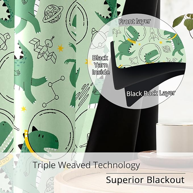 Kids Space Dino Blackout Curtains - 100% Blackout, Thermal Insulated, Noise Reducing, Perfect for Kids Room and Nursery, 2 Panels (Cosmo Dino Green, W52×L63)