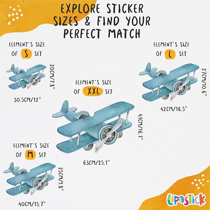 Airplane Wall Decals by Lipastick - 47-Piece Watercolor Vintage Plane Stickers for Kids, Boys Room, Baby Nursery, Toddler Bedroom Decor - Premium Vinyl Aircraft Art - L Size