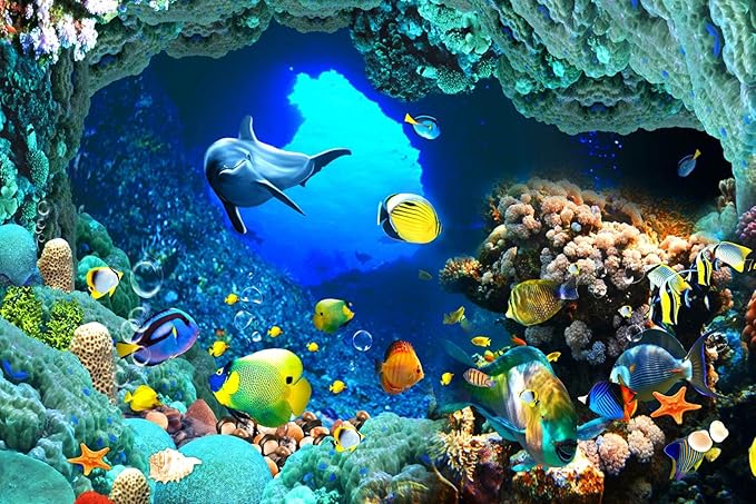 The Undersea World Wallpaper Ocean Dolphin Fish Wall Mural Large Wall Decor for Living Room Bedroom Dining Room(Not Self-Adhesive)