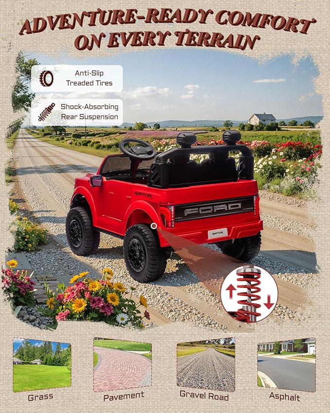 24V 2 Seater Ride on Toys for Kids, Licensed Ford F-150 Raptor Kids Electric Vehicles w/Remote Control, Power Pedal and Durable Wheels, LED Lights, Bluetooth, Truck Bed Storage (Red)