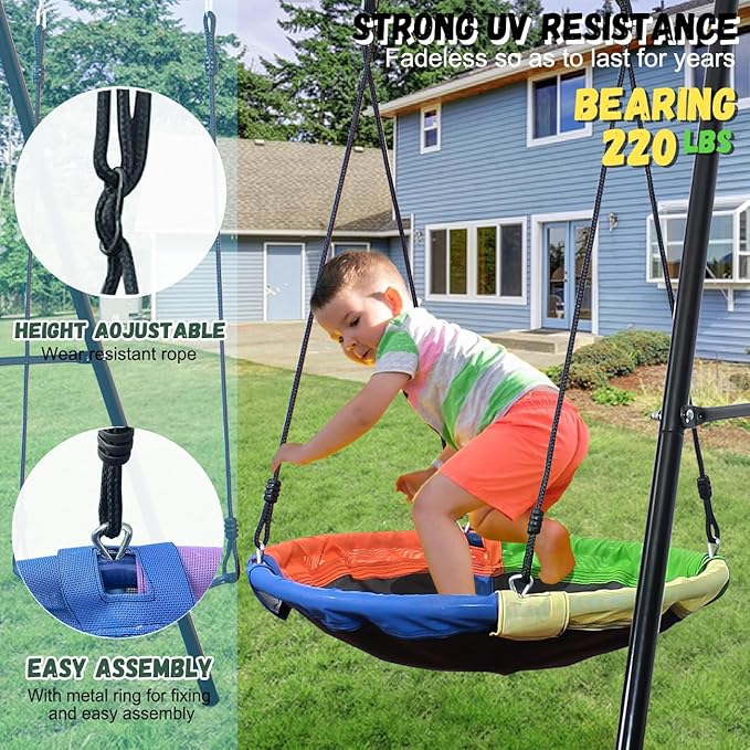 4-in-1 Heavy Duty Swing Set for Backyard – Large Metal Frame with Saucer Swing, Sandbox, Basketball Hoop & Single Swing Seat | Toddler to Kids Play Equipment | Outdoor & Indoor Use | Kids Gift