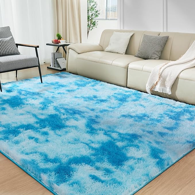 Ultra Soft Rug for Living Room, 3X5 Fluffy Shag Area Rug for Bedroom, Modern Shaggy Carpets Fuzzy Rug for Teens Dorm Nursery Home Decor Aesthetic, Upgrade Anti-Skid Durable, Tie-Dyed Blue