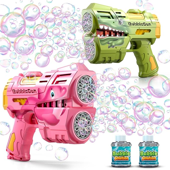 Jasny 2 Pack Rechargeable Dino Bubble Guns for Kids, LED Light Up Bubbles Machine Blower with 2 Bottles Refill Solution for Toddlers, Summer Wedding Toys Gift
