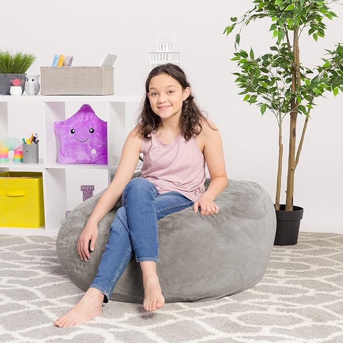 Posh Creations Bean Bag Chair for Kids, Teens, and Adults Includes Removable and Machine Washable Cover, Soft Faux Rabbit Fur - Gray, 38in - Large