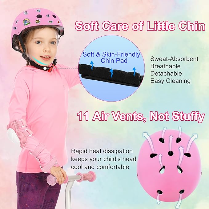 Kids Bike Helmet with DIY Stickers and Knee Pads Elbow Pads Wrist Guard Set for Ages 3-8-14 Toddler Boys Girls Helmet for Roller Skates Cycling Skateboarding Bicycle Scooter