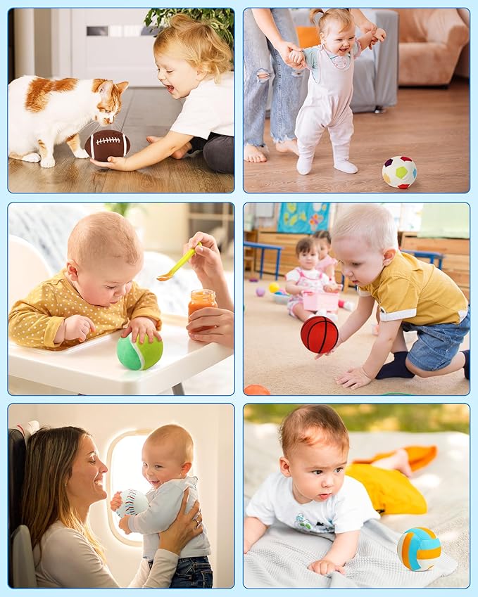 Vanmor Sensory Sports Balls for Babies 6-12M+, 6 Pack Machine Washable Plush Ball Set with Crinkle, Rattles, Squeaky Sounds, Toddler Learning Toys, Portable Travel Bag, Baby Shower Toy for Newborn