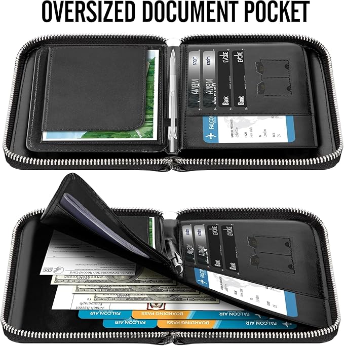 Genuine Leather Passport Wallet for Travel, RFID Blocking Cover with Zipper Closure and 3 Passport Pockets (Black)