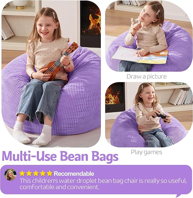 Homguava 2FT Bean Bag Chair,Teardrop Bean Bags Small Beanbag Chair with Memory Foam Filled and Ultra Soft Corduroy Cover for Living Room, Bedroom (Small,Purple)