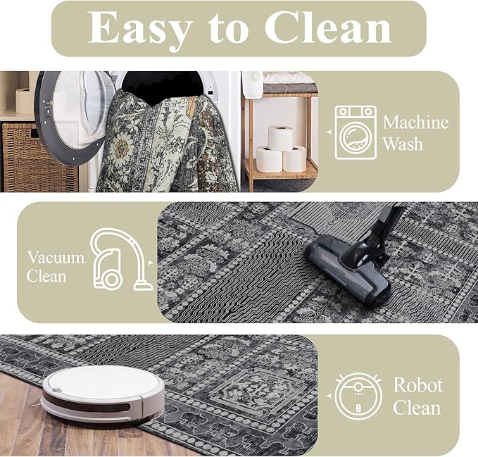 4x6 Washable Area Rug for Living Room, Carpet for Bedroom, Soft Faux Wool Retro Dining Room Rug, Non Slip&Non-Shedding Resistant Low Pile Vintage Print Rug for Home Office (Grey)