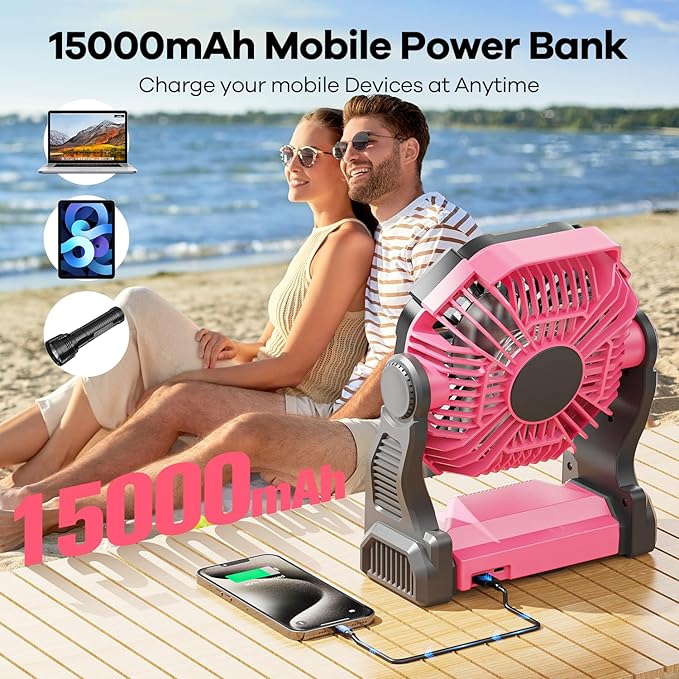 15000mAh Portable Battery Powered Camping Fan - with LED Light, Quiet Battery Operated, Camping Gear for Travel, Tent, Beach, Car or Hurricane Power Outages, Pink