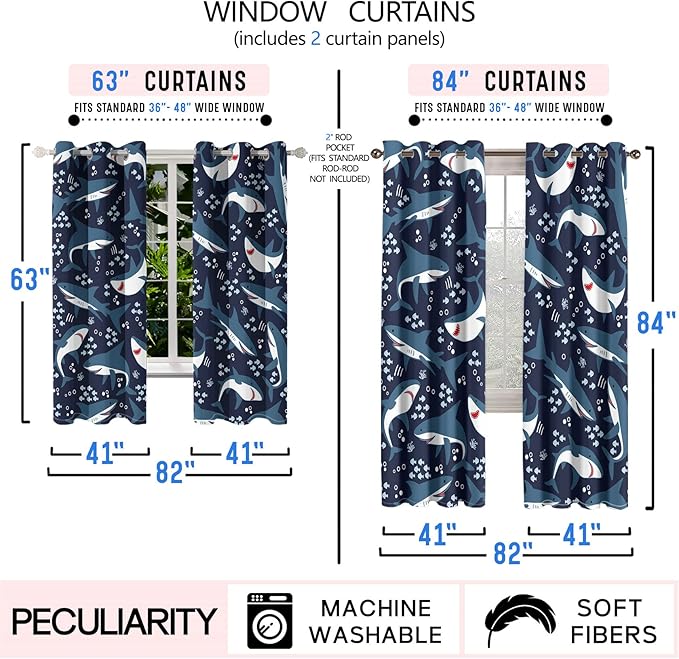 Shark Blackout Curtains 2 Panels 63" Inch Drapes Boys Curtains for Bedroom Cute Ocean Life Themed Grommet Top Thermal Insulated Boys Room Curtains for Nursery, Navy Blue, 82" x 63"