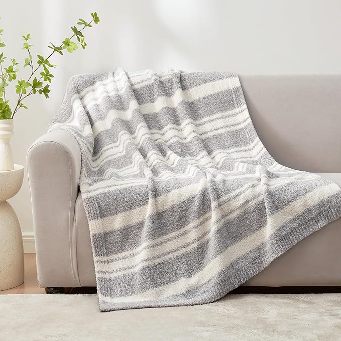 Snuggle Sac Grey Stripe Knitted Throw Blanket for Couch, Reversible Super Soft Warm Blankets Cozy Knit Fuzzy Plush Lightweight Throws for Sofa, Bed, Stripe Grey, 50 x 60 inches