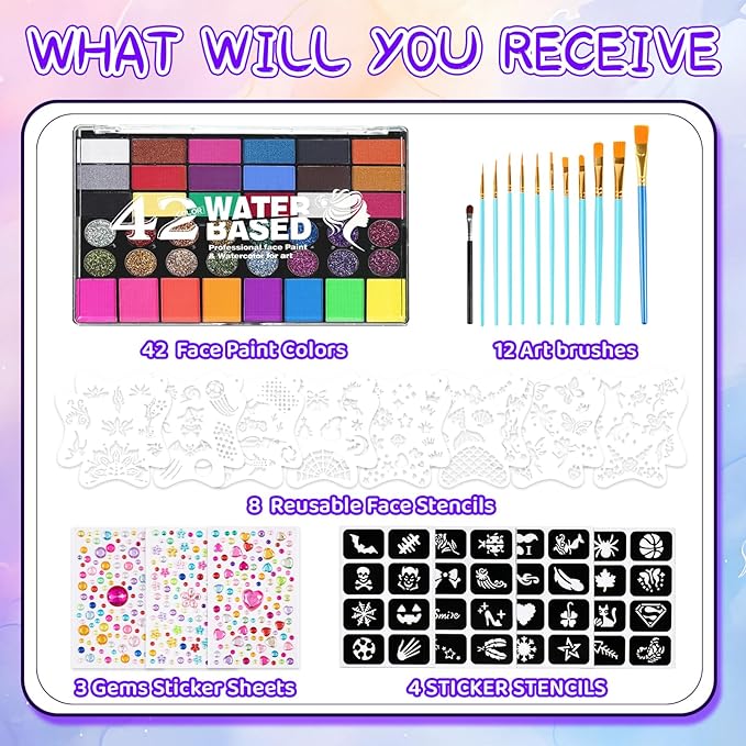 Face Painting Kit, 42 Colors Body Paint With 10 Pcs Brushes, Safe & Non-Toxic Washable for Children Adults Halloween Christmas Party