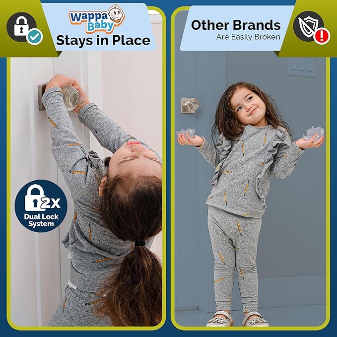 Door Knob Safety Cover for Kids (6 Pack) Hard-to-Remove Dual-Lock Door Handle Covers for Kids - Reusable Baby Proof Door Knob Locks - Installs Easily, No Tools Needed (Transparent)