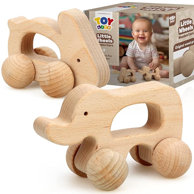 TOY Life Wooden Toys Cars, Montessori Toys for Babies 0-6-12 Months, Babies Bunny Rattle Cars for Toddlers 1-3, Wooden Baby Toys Gift 1 Year Old, Baby Boy Nursery Decor, Elephant & Rabbit Toy Car