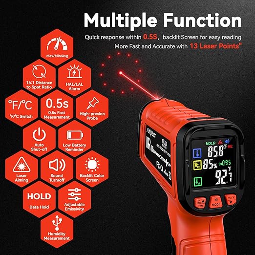 Infrared Thermometer Temperature Gun -58°F to 1796°, 16:1 Non Contact Laser Thermometer Gun with Thermocouple Probe for Humidity, Pizza Oven, Griddle, Ir Temp Gun for Home and Industry Repair