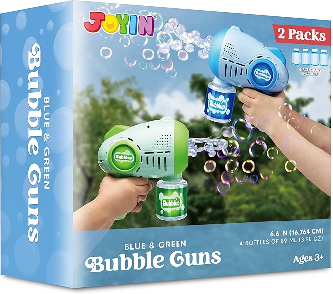 JOYIN 2 Kids Bubble Guns with 4 Bottles Solution, Automatic Bubble Machine Gun with 8 Holes for Kids, Adults, Summer Toys, Easter Basket Stuffers, Birthday Gift, Party Favors