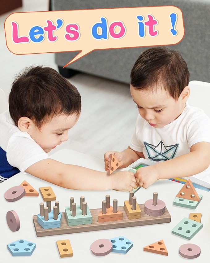 Montessori Toys for 1 2 Year Old Girl and Boy Birthday Gifts, Shape Sorter Wooden Toys for Toddlers Age 1-3 2-4, Learning Educational Sensory Stacking Toddler Puzzles