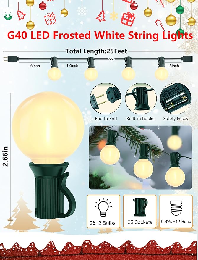 25Ft Outdoor Christmas Lights, Dimmable G40 LED Patio String Lights with 27 Frosted White Globe Bulbs, Green Wire Outdoor Christmas Decorations Lights Waterproof for Wedding Party Porch Backyard