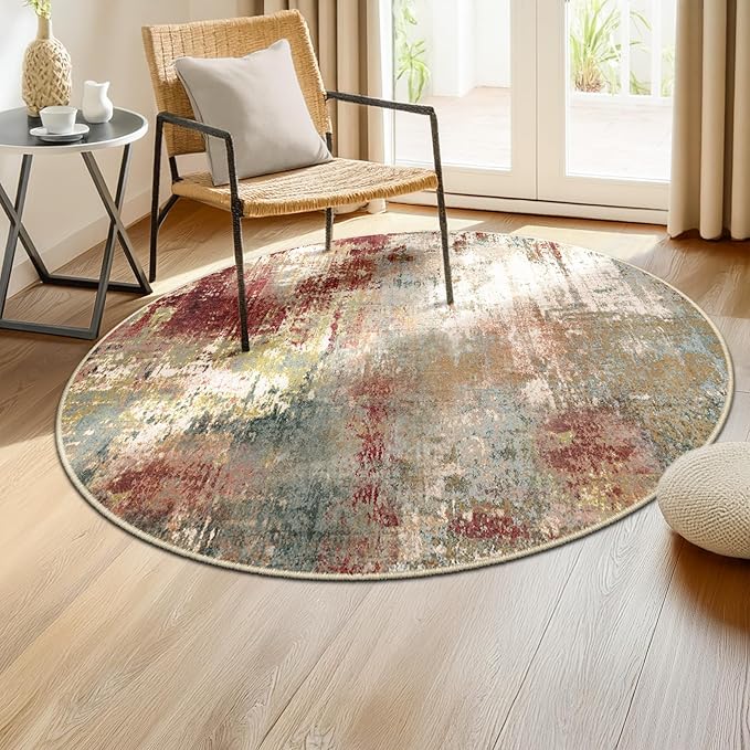 Washable Area Rugs 4ft Non-Slip Modern Abstract Soft for Living Room Entryway Bedroom Nursery, Print Pattern, Brown Rust Red Multi