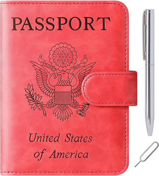 Passport Holder Cover Wallet Travel Essentials Leather Rfid Blocking Case Vacation Luggage Must Haves Travel Accessories for Men Women (120#Red)