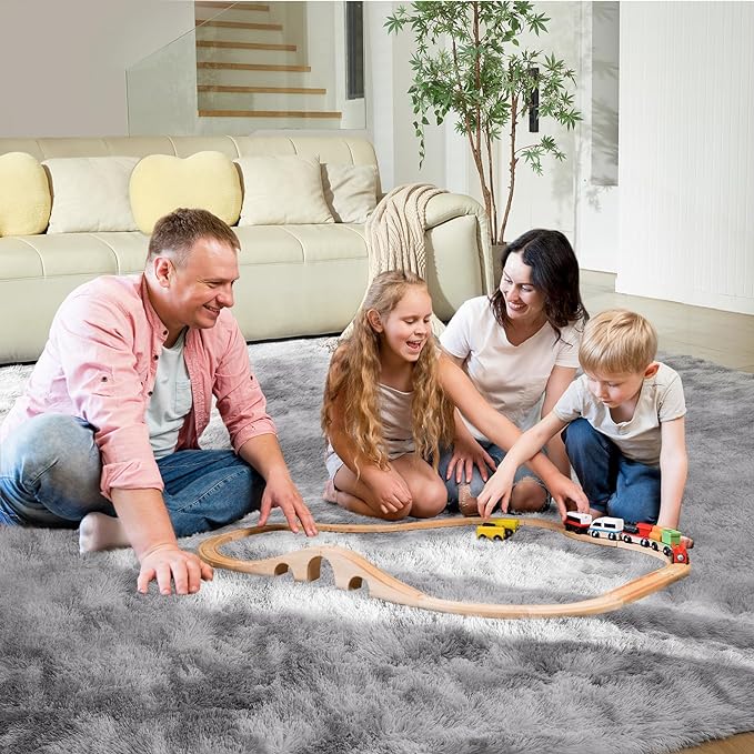 Ultra Soft Rug for Living Room, 4X6 Fluffy Shag Area Rug for Bedroom, Modern Shaggy Carpets Fuzzy Rug for Teens Dorm Nursery Home Decor Aesthetic, Upgrade Anti-Skid Durable, Tie-Dyed Light Grey
