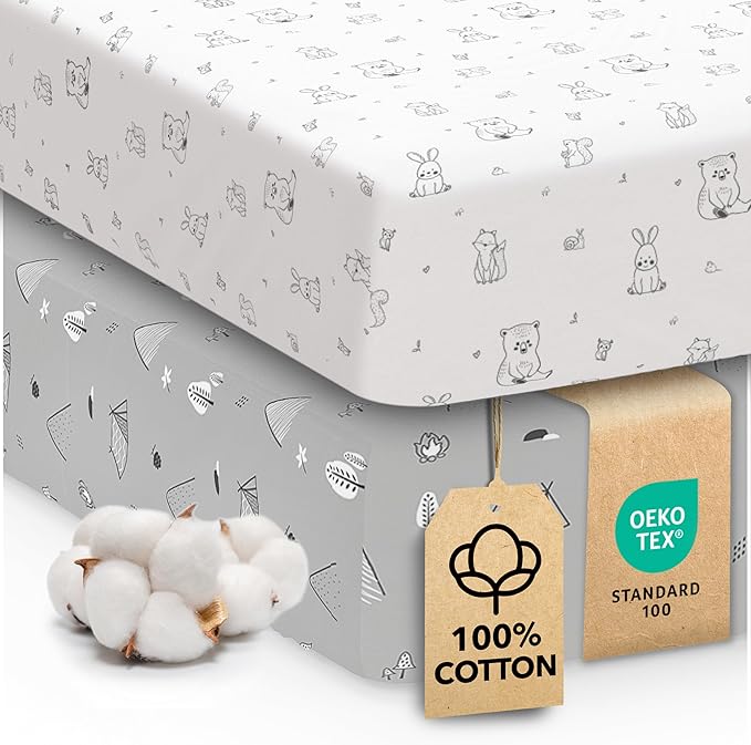 Sweety Fox 2-Pack Crib Sheets - Soft Cotton Jersey Fitted Sheets for Boys and Girls, Mini Crib Sheets, Toddler Bed Sheets (Woodland)
