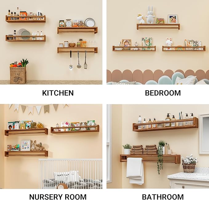 Heimlove Nursery Floating Shelves - 32 inch Solid Wood Wall Mounted Book Shelves for Kids, Set of 3