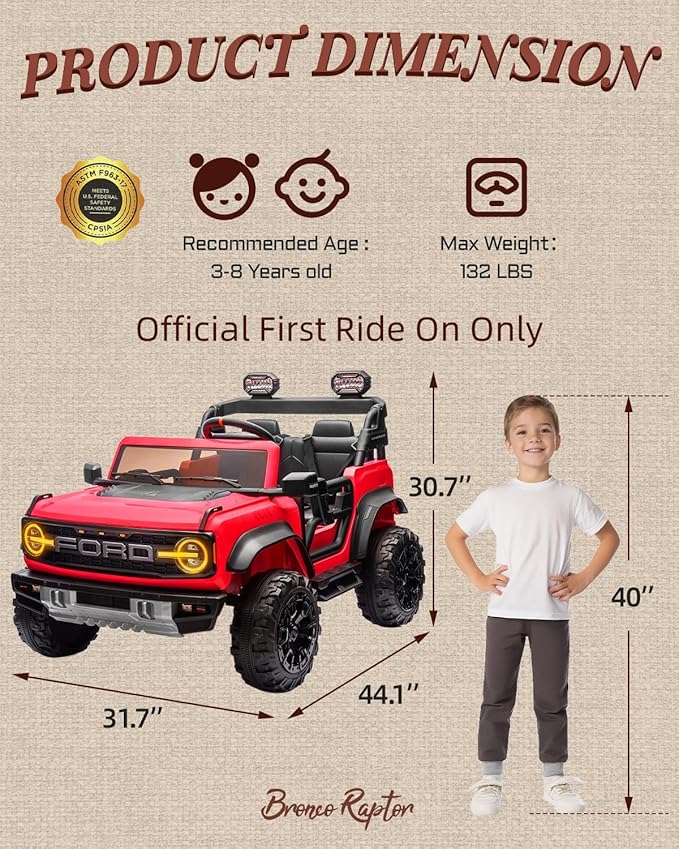 Ford Bronco 24V Ride on Toys for Boys & Girls, 2 Seater Kids Electric Car with Remote Control, Kids Ride on Truck with 4 Wheels Suspension, Led Lights, Safety Belt (24V, Red)
