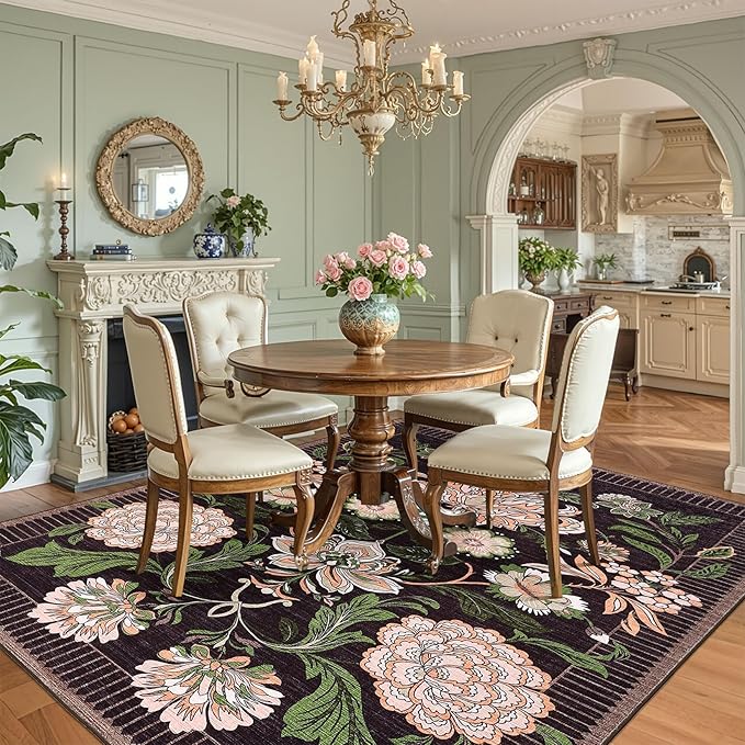 GarveeHome Plum Pink Floral Botanical Washable 8x10 Area Rug for Living Room Soft Black Purple Vintage Boho Cottage Large Rugs Low Pile Carpet for Bedroom Dining Nursery Rug