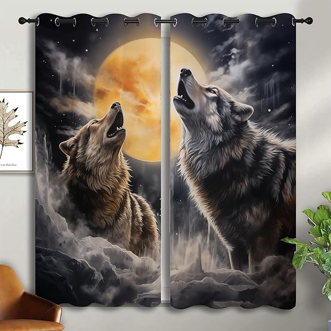 Fantasy Wolf Blackout Curtains for Boys Girl Bedroom Decor,Full Moon Starry Sky Wildlife Retro Thermal Insulated Grommet Drapes Darkening Window Curtain for Living Room Home 42x45 inch