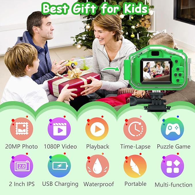 Agoigo Kids Waterproof Camera - Children Underwater HD Video Digital Camcorder, Portable Travel Toy for Toddler - Ideal Christmas Birthday Gifts for Boys Girls Age 3-12 with 32GB Card (Green)