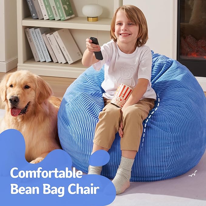 Homguava 2FT Bean Bag Chair,Teardrop Bean Bags Small Beanbag Chair with Memory Foam Filled and Ultra Soft Corduroy Cover for Living Room, Bedroom (Small,Blue)